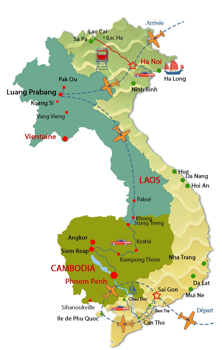 Circuit combin&eacute; Vietnam Laos Cambodge en 28 jours &agrave; partir du Vietnam en passant par Le Laos et finir &agrave; Cambodge un voyage complet d'Indochine organis&eacute; par Tonkin Voyage agence francophone au Vietnam &agrave; Hanoi